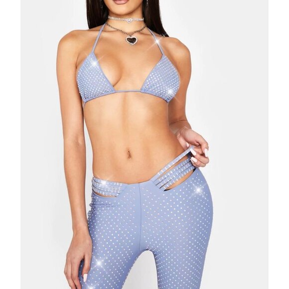 Icy Shining Moment Blue Rhinestone Bikini Top & Pants Set Adjustable Straps Sz M - Picture 3 of 11